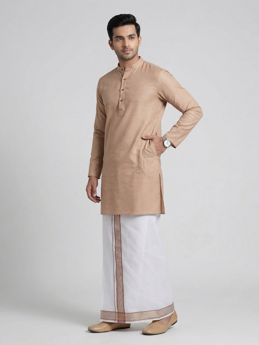 Men Light Purple Medium Length Kurta with Matching Border Dhoti Set MHJ1