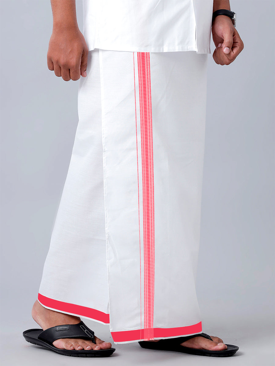Mens Readymade Adjustable White Dhoti with Pink Fancy Border Champ Jari - M-Side view