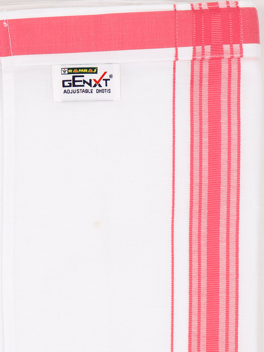 Mens Readymade Adjustable White Dhoti with Pink Fancy Border Champ Jari - M-Ad vert