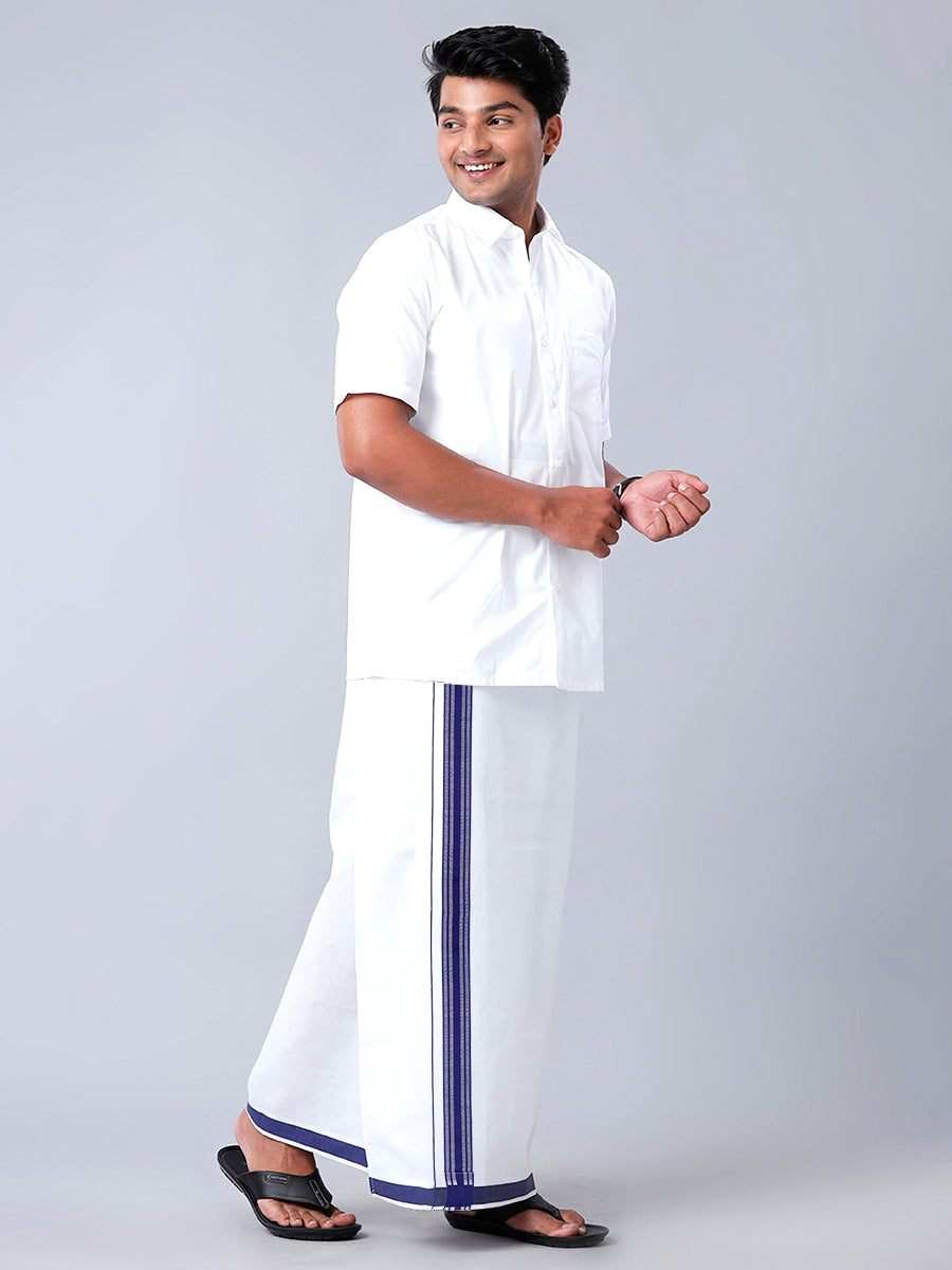 Mens Readymade Adjustable White Dhoti with Navy Fancy Border Champ Jari - M-Full view