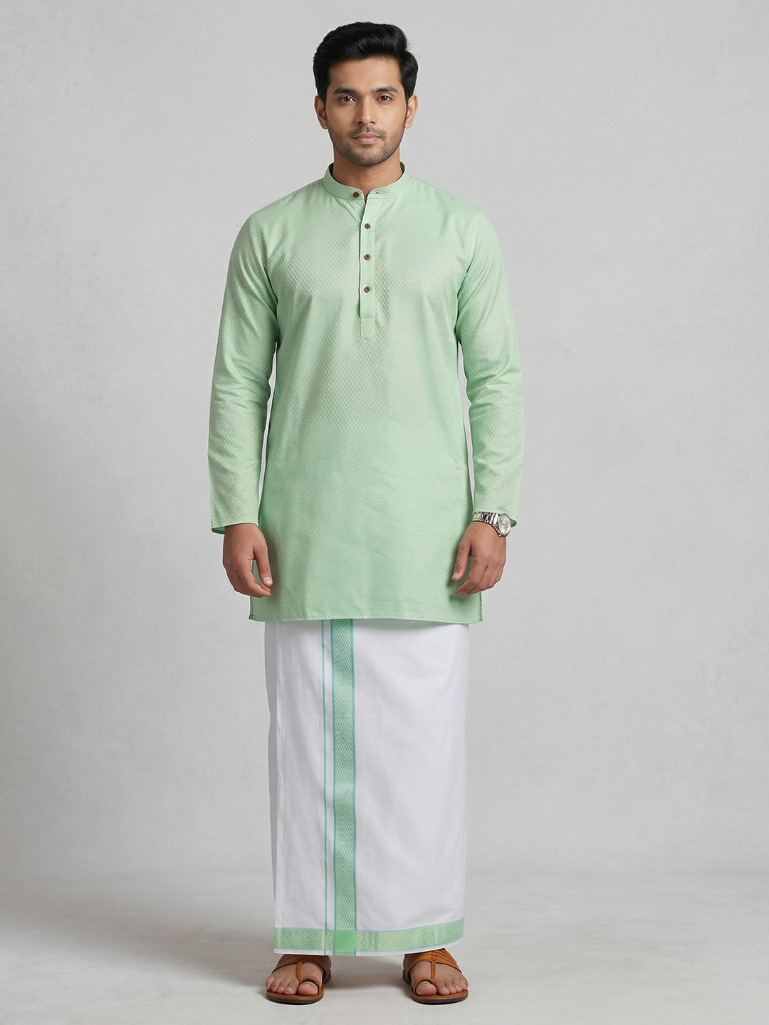 Men Mint Green Medium Length Kurta with Matching Border Dhoti Set MHJ4