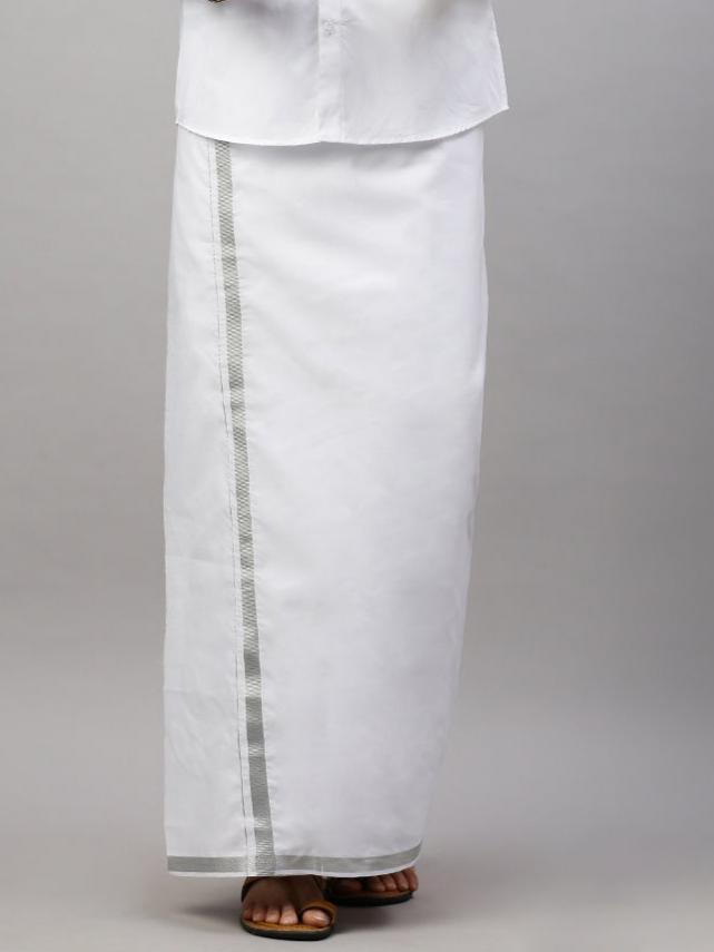 Men Double Dhoti White with Silver Jari 1 1/2" inch Silver Special Pet