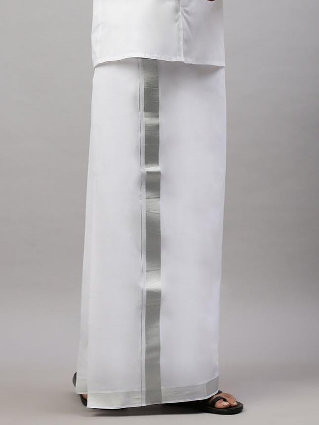 Men Double Dhoti White with 1 1/2 " Jari Silver Special Plain