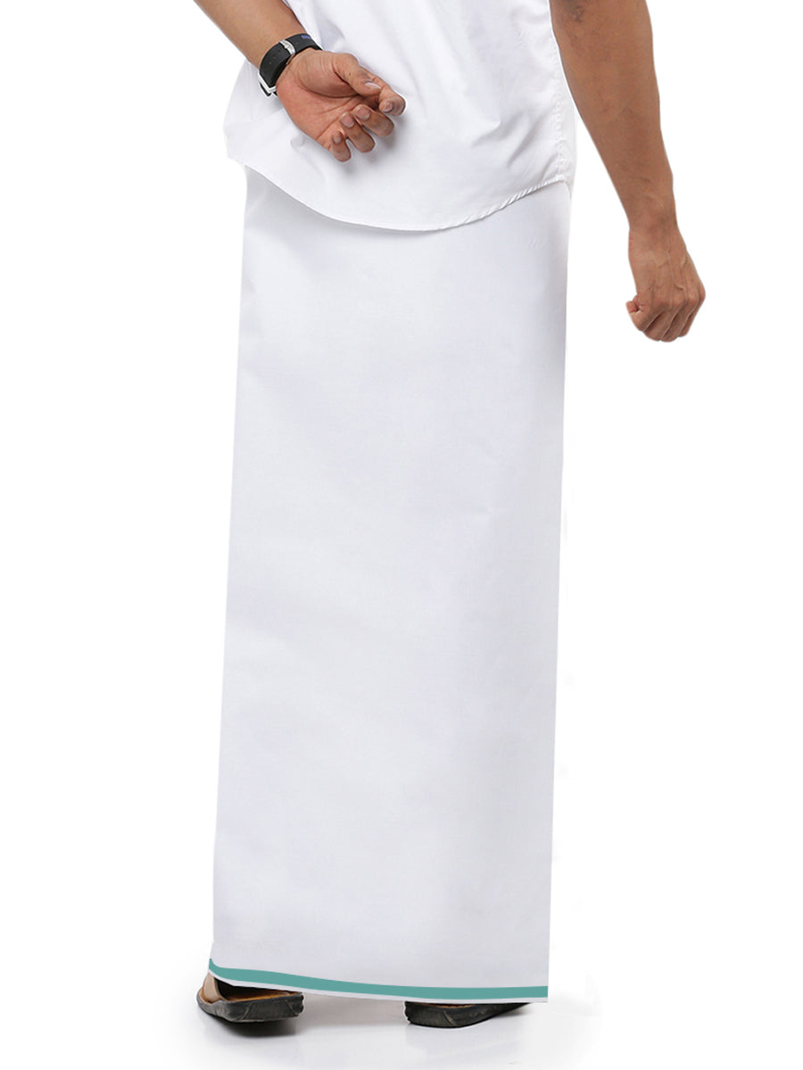 Mens White Stain Guard Single Dhoti with Light Blue Big Border Tide-Back view