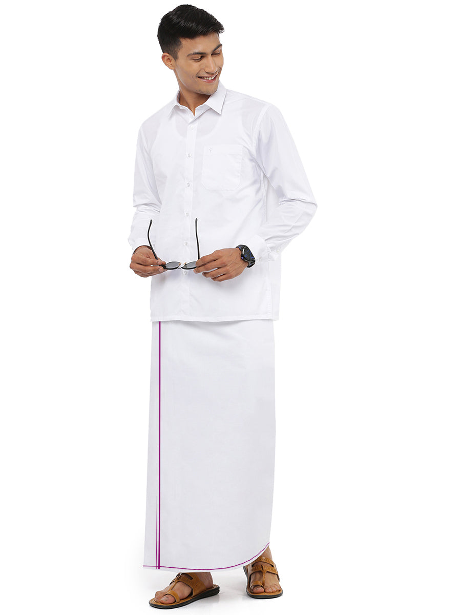 Mens 100% Cotton White Single Dhoti with Violet Small Border Cotton Emperor-Full view