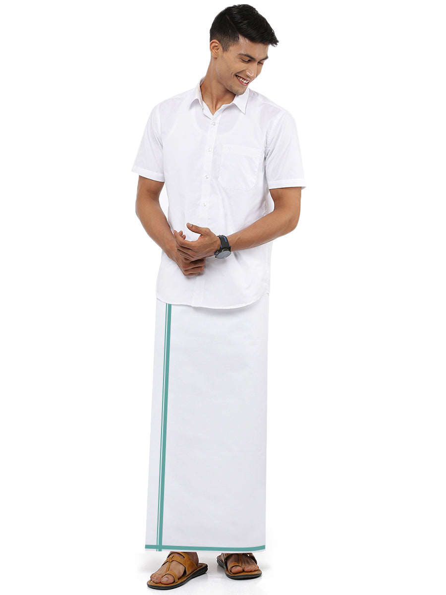 Mens White Stain Guard Single Dhoti with Light Blue Big Border Tide-Full view