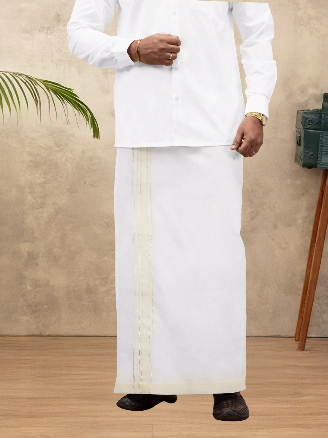 Men 100% Cotton Double Layer White Dhoti with Fancy Jari Border EJF16