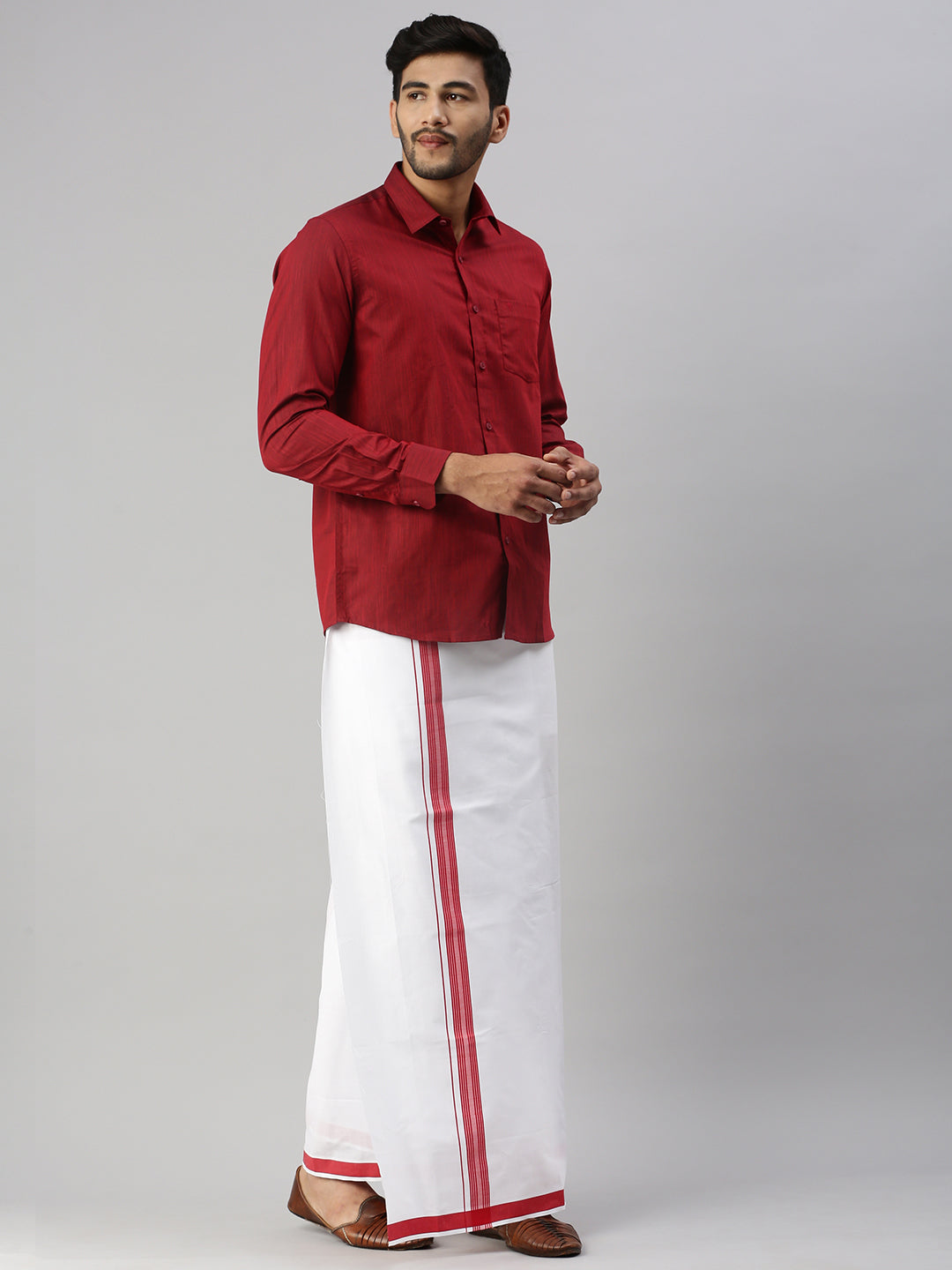 Mens Dark Red Matching Border Dhoti & Full Sleeves Shirt Set Evolution IC9-Side view