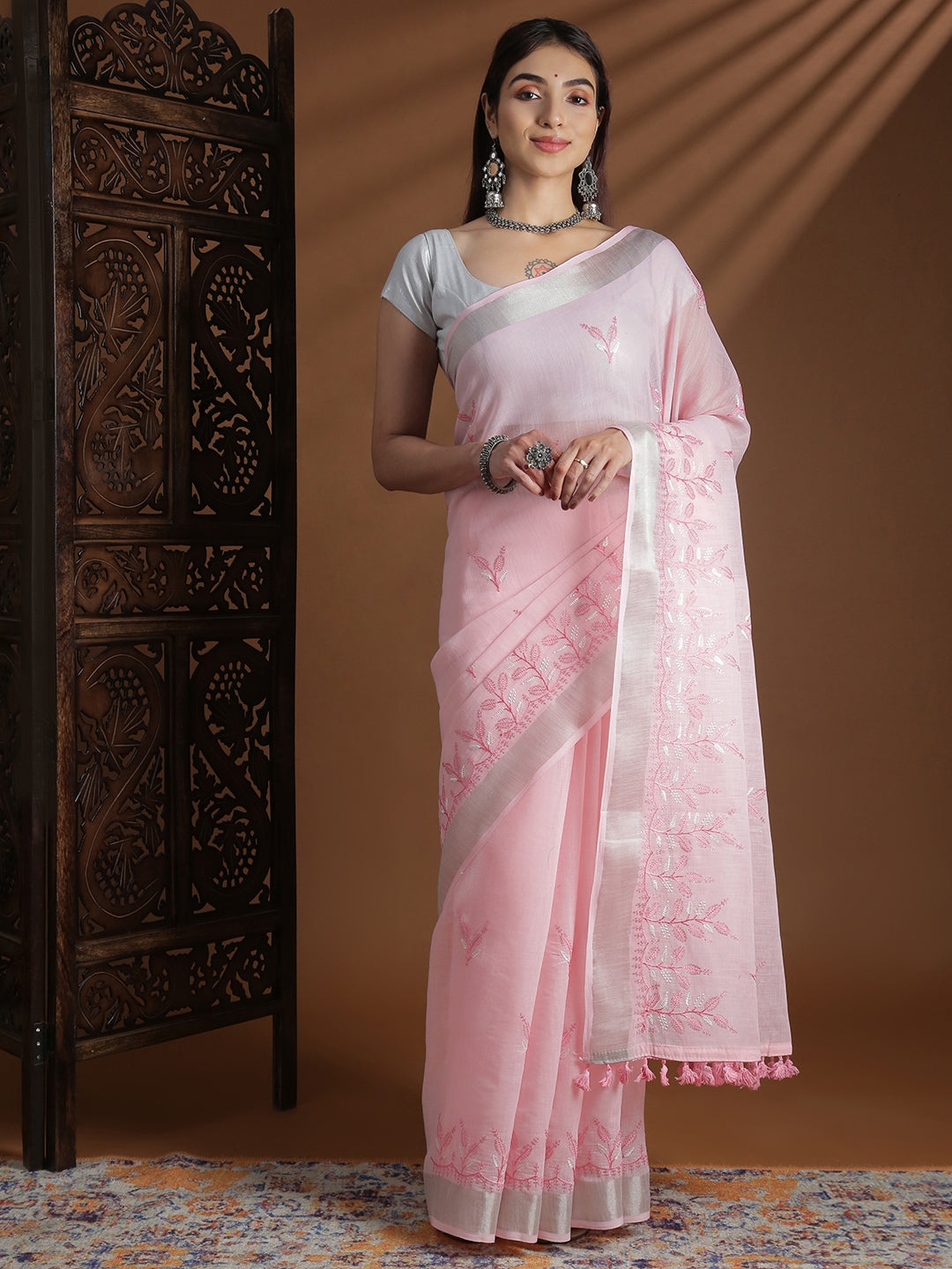 Women Pink Semi Linen Embroidered Saree SL248
