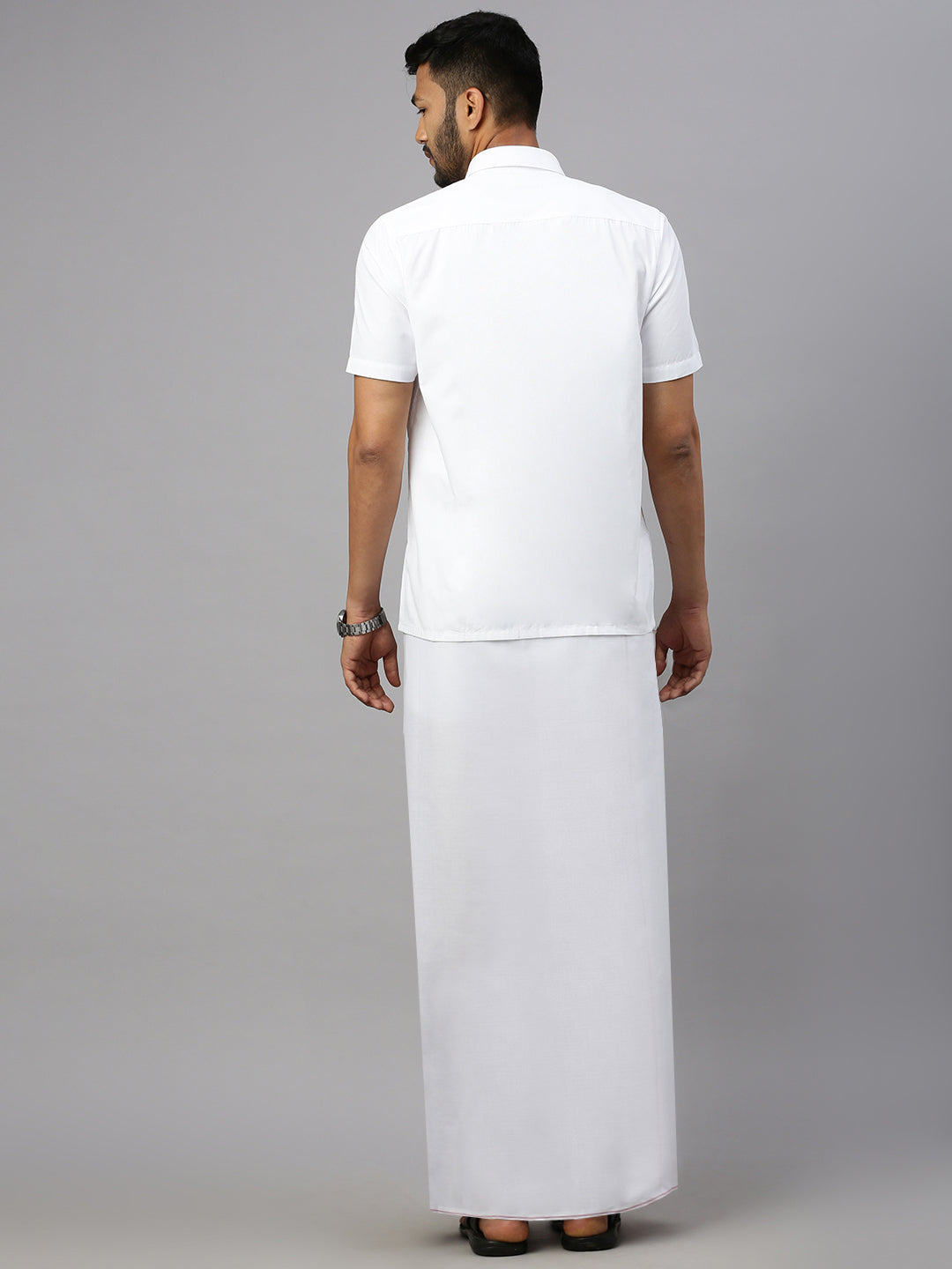 Men Cotton White Half Sleeves Shirt with Small Border Dhoti Combo