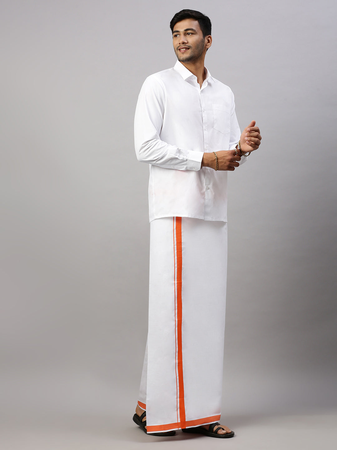 Men White Shirt with Single Layer Dhoti Orange Combo WS12