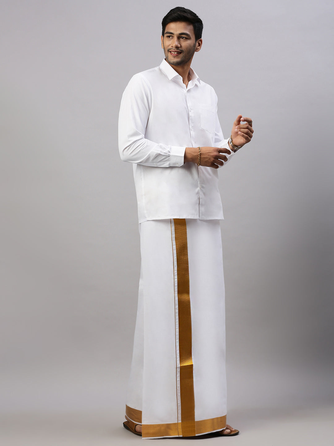 Men Double Dhoti White with Gold Jari 2" inch Gold Special Plain