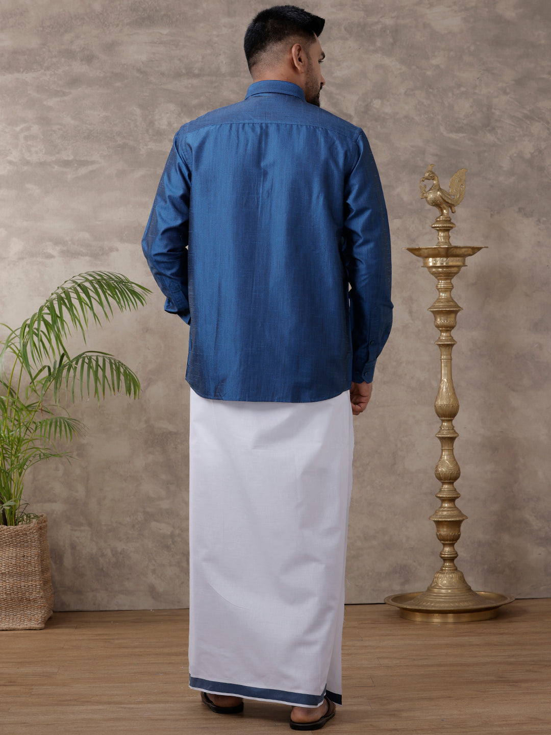 Men Matching Jari Border Dhoti & Full Sleeves Shirt Set Blue VB9