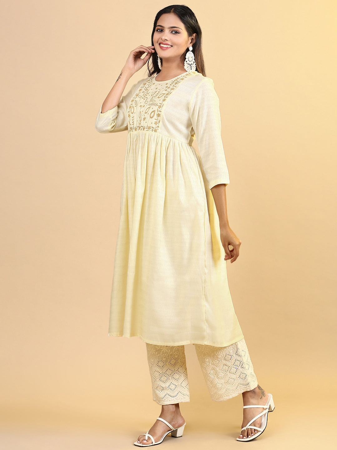 Women Cotton Embroidered Round Neck Kurti Cream EKS11