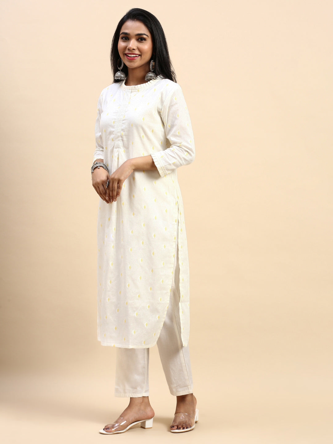 Women Elegant Look Cotton Print Half White Kurti Set - EK45