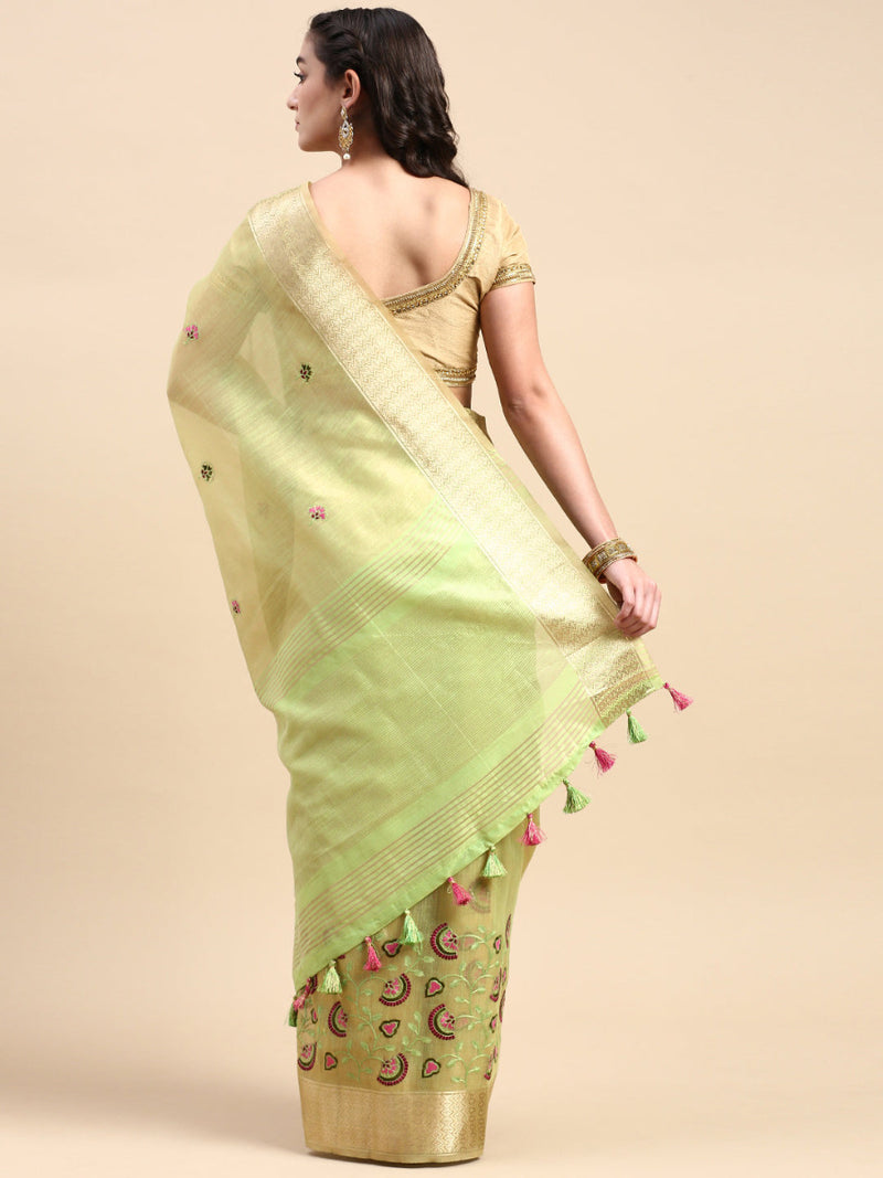 Womens Semi Linen Green Floral Printed Embroidery Saree SLPE05