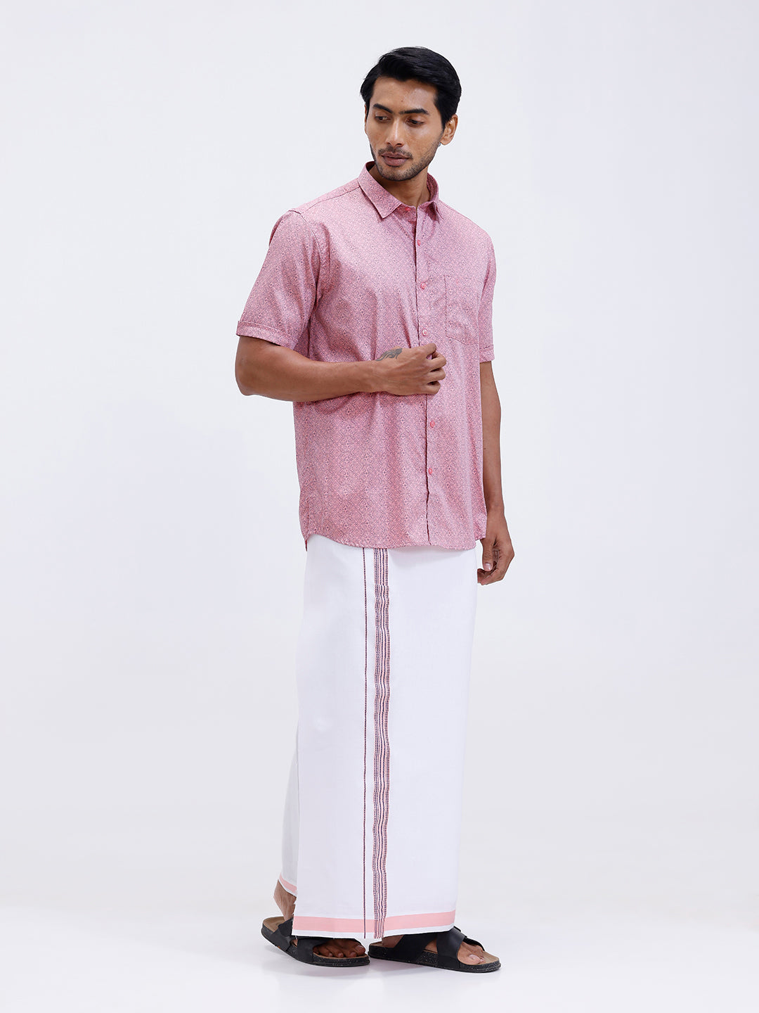 Men Soft Pink Matching Border Dhoti With Printed Shirt Set Fusion PS16