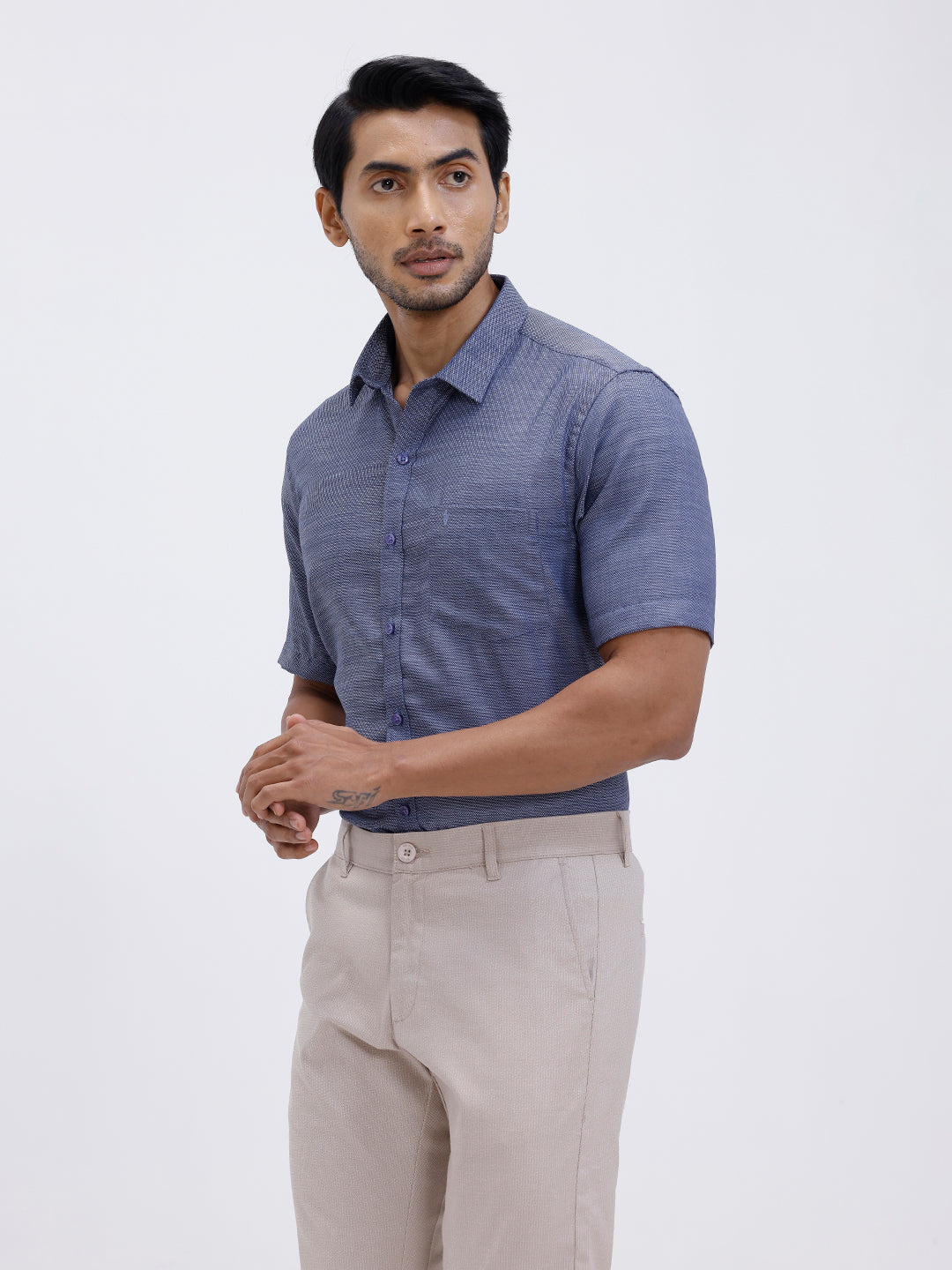 Men Cotton Rich Half Sleeve Shirt Blue Dobby T59 AIT1