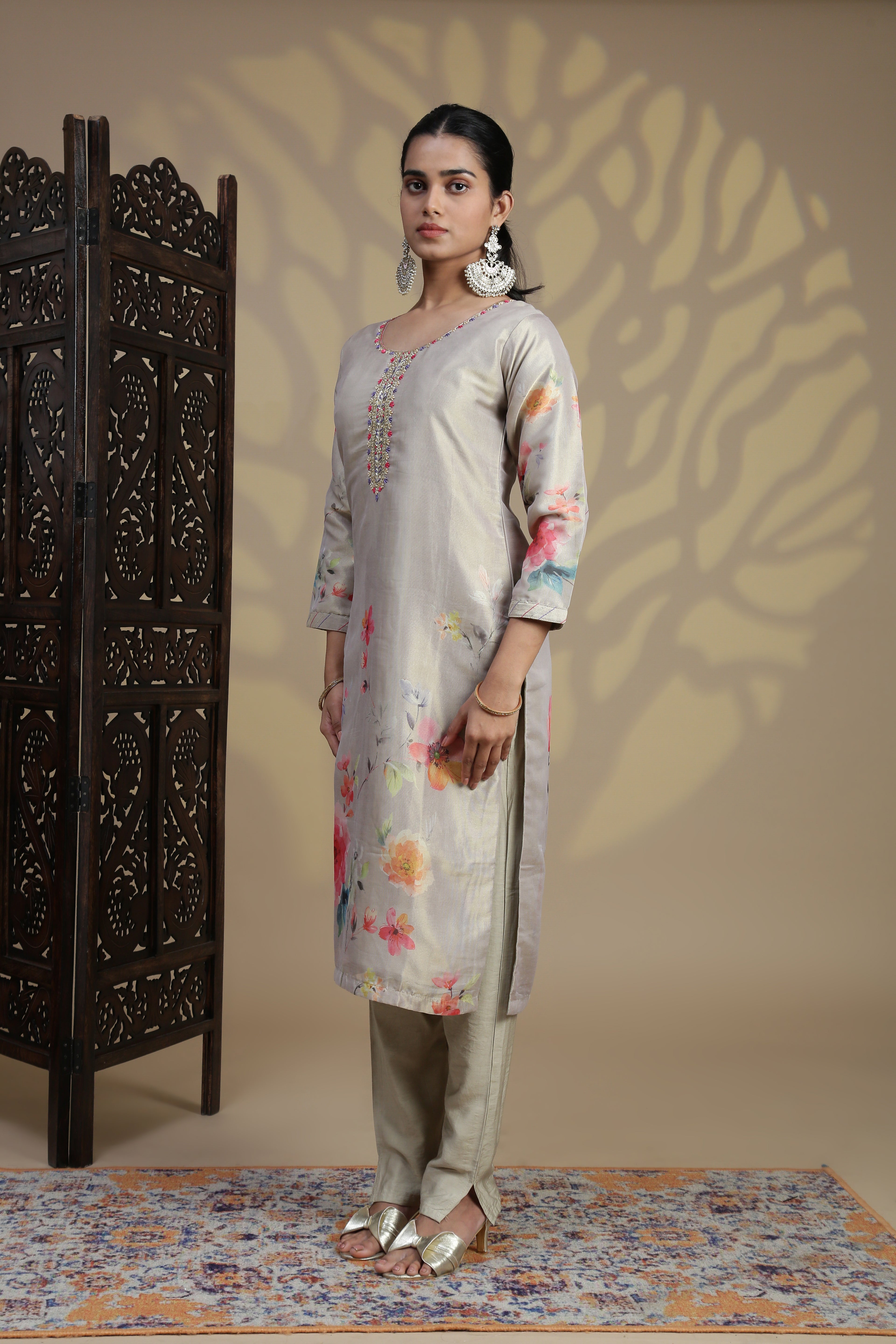 Women Beige Grey MM Silk Printed Kurti Set EKS100