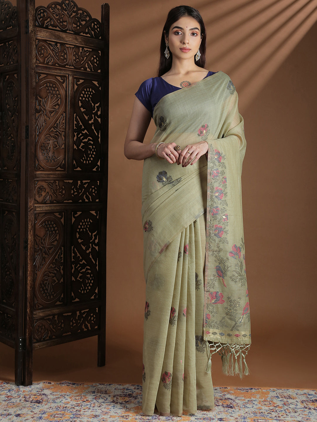 Women Green Cotton Weaving Saree PCS248