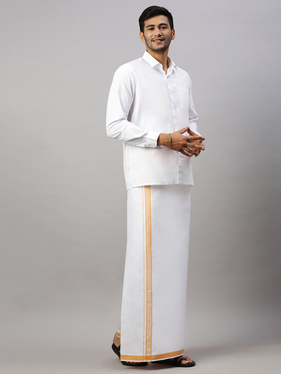 Mens Prestigious Look Cotton Single Dhoti with Light Orange Fancy Border - Winner Plain