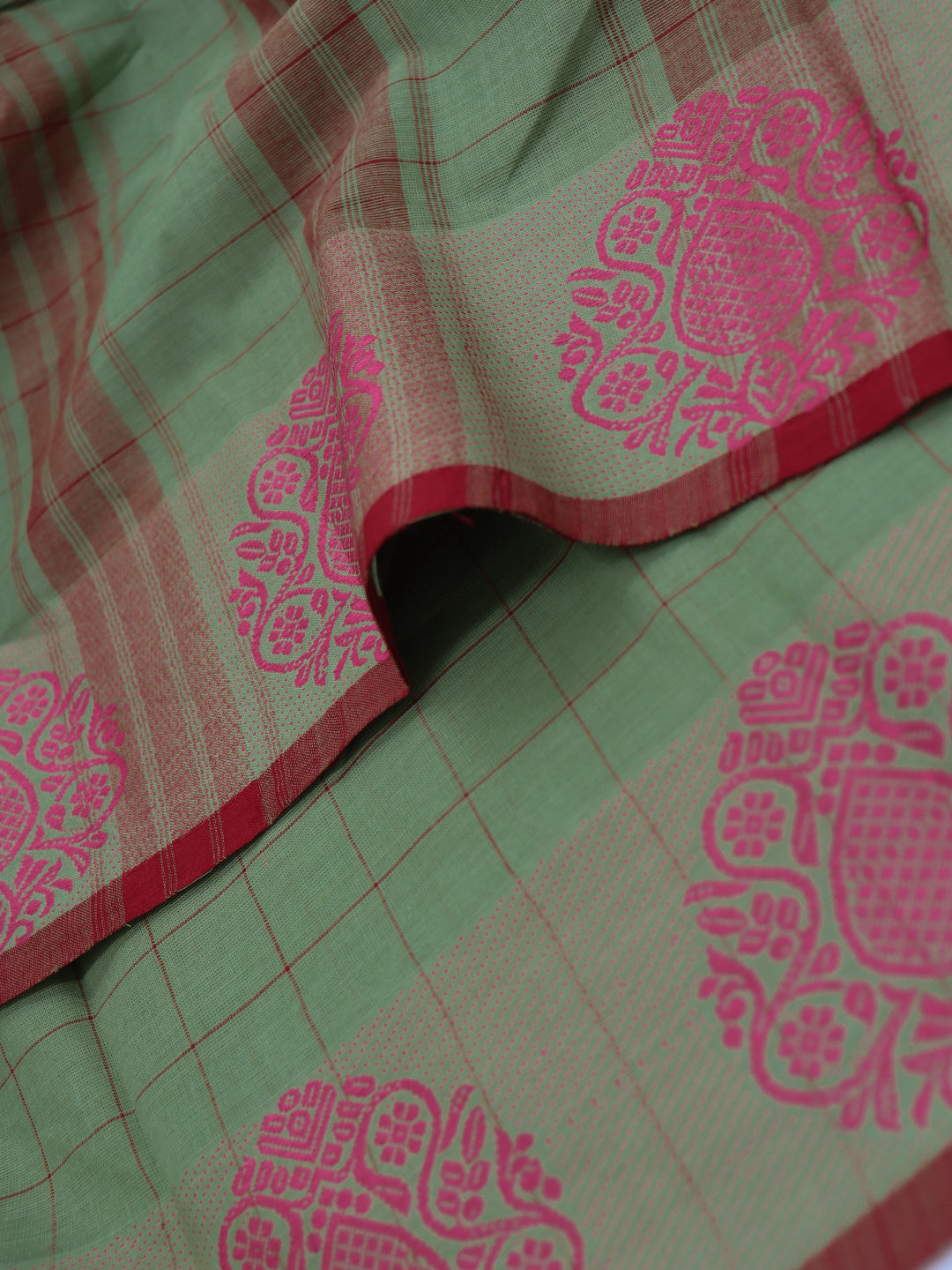 Women Olive Green Checks Pure Chettinad Cotton Saree PCS227