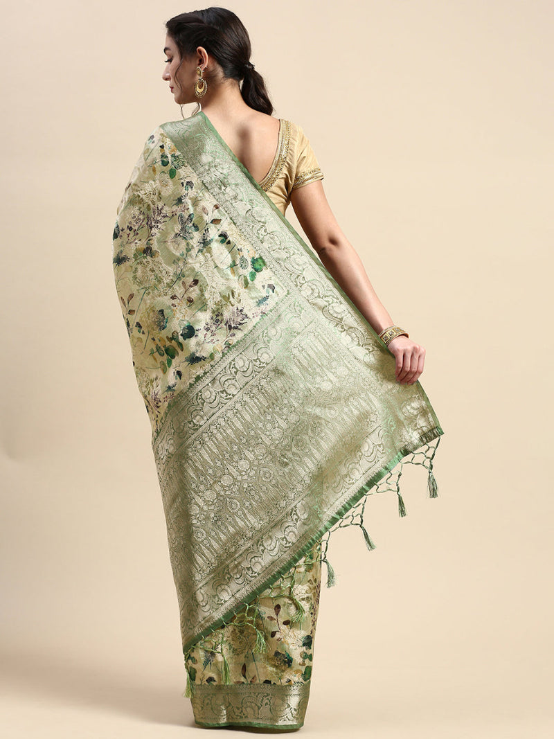 Womens Dola Silk Green Flower Digital Print with Jari Border Sarees DS02