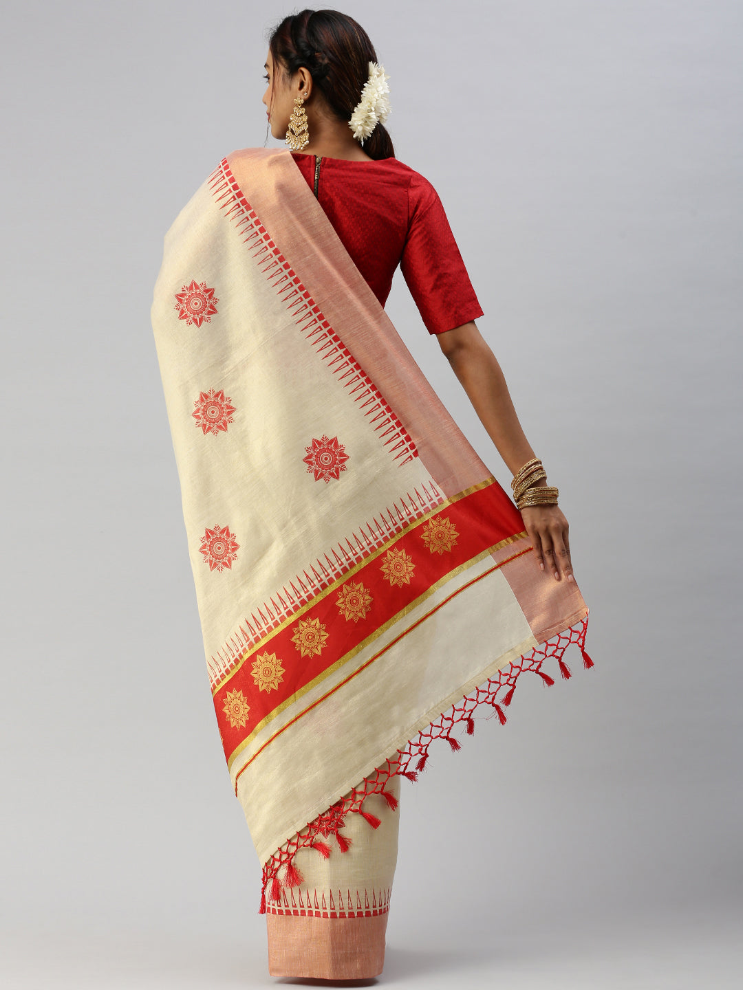 Womens Kerala Tissue Flower Printed Gold Jari & Red Border with Tussle Saree OKS04-Back view