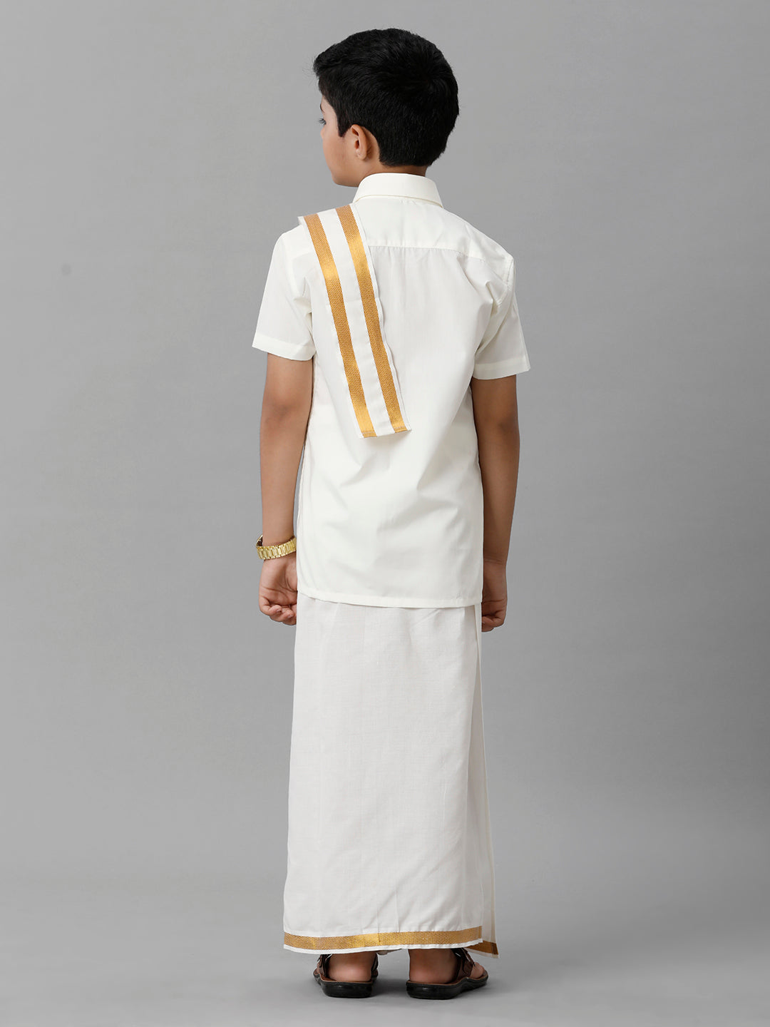 Boys Cotton Cream Half Sleeves Shirt Dhoti with Towel Set-Back view