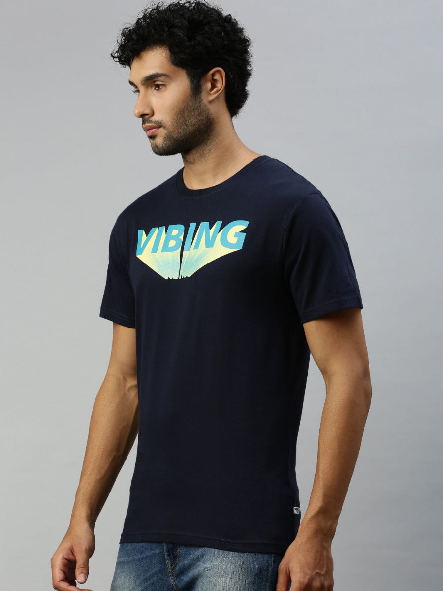 Navy Graphic Printed Round Neck Casual T-Shirt GT49-Side view