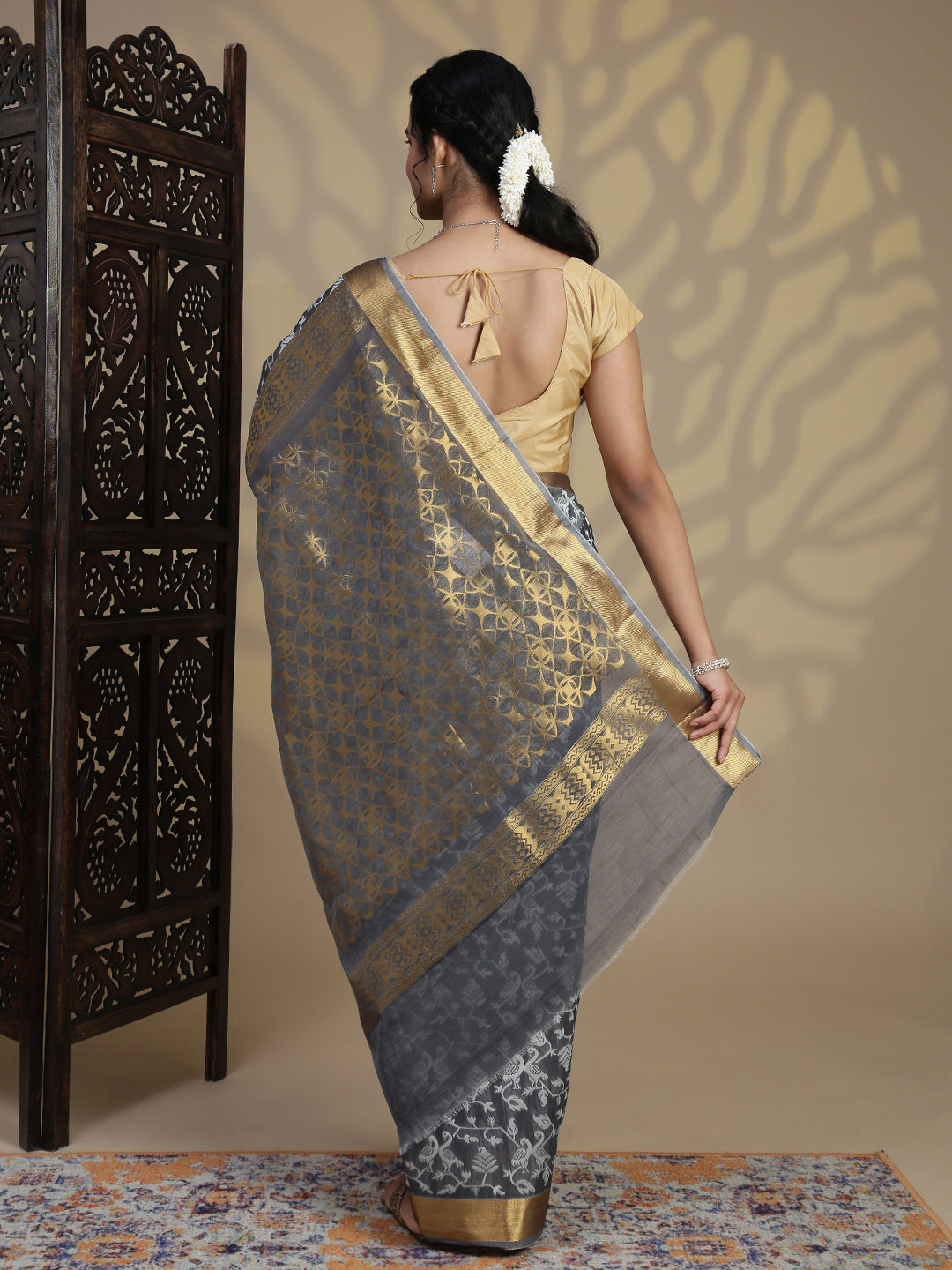 Women Grey Semi Kora Cotton Saree SK96