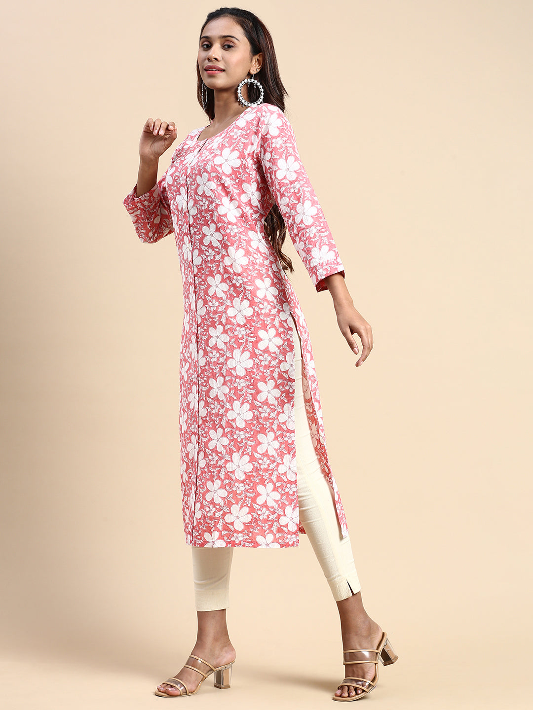 Women Cotton Printed Round Neck Straight Cut Pink Kurti PK24-Side view