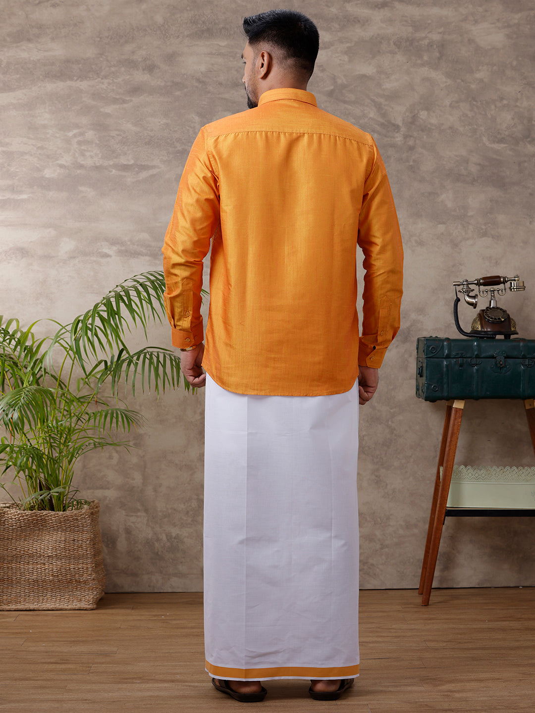 Mens Matching Jari Border Dhoti & Shirt Set Full Gold VB2