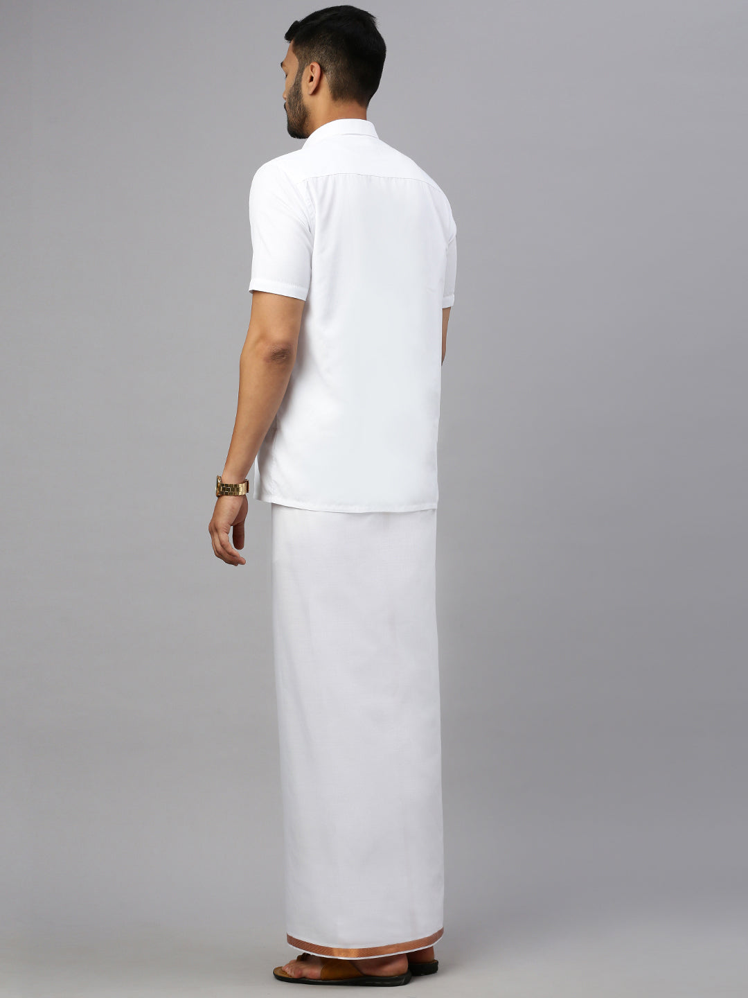 Men Cotton White Single Dhoti with 1'' inch Copper Jari Border Winner