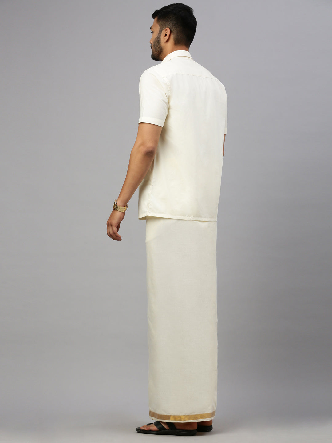 Men Cream Shirt with 1" Inch Gold Jari Border Double Layer Dhoti Combo