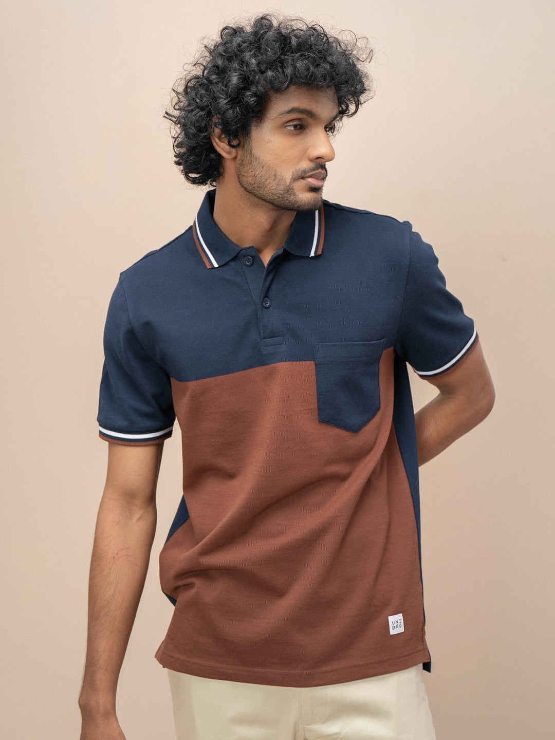 Men Smart Fit Engineered Polo T-Shirt Navy with Brown EN19