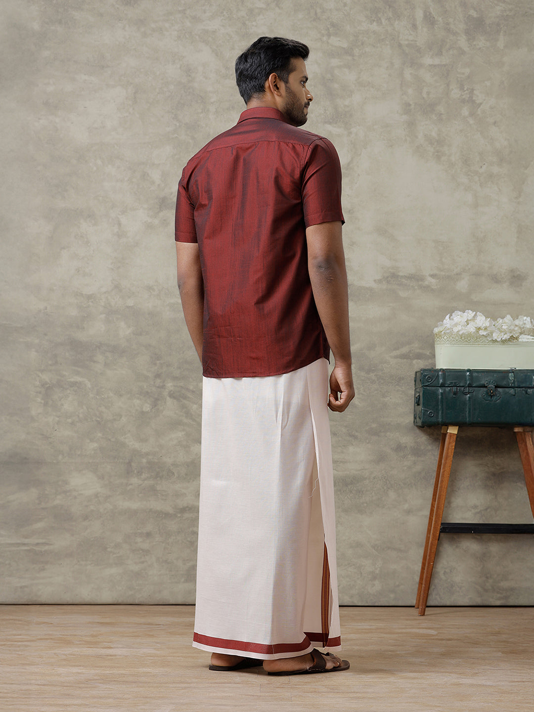 Men Cotton Blend Maroon Shirt and Tissue Dhoti Set VB7