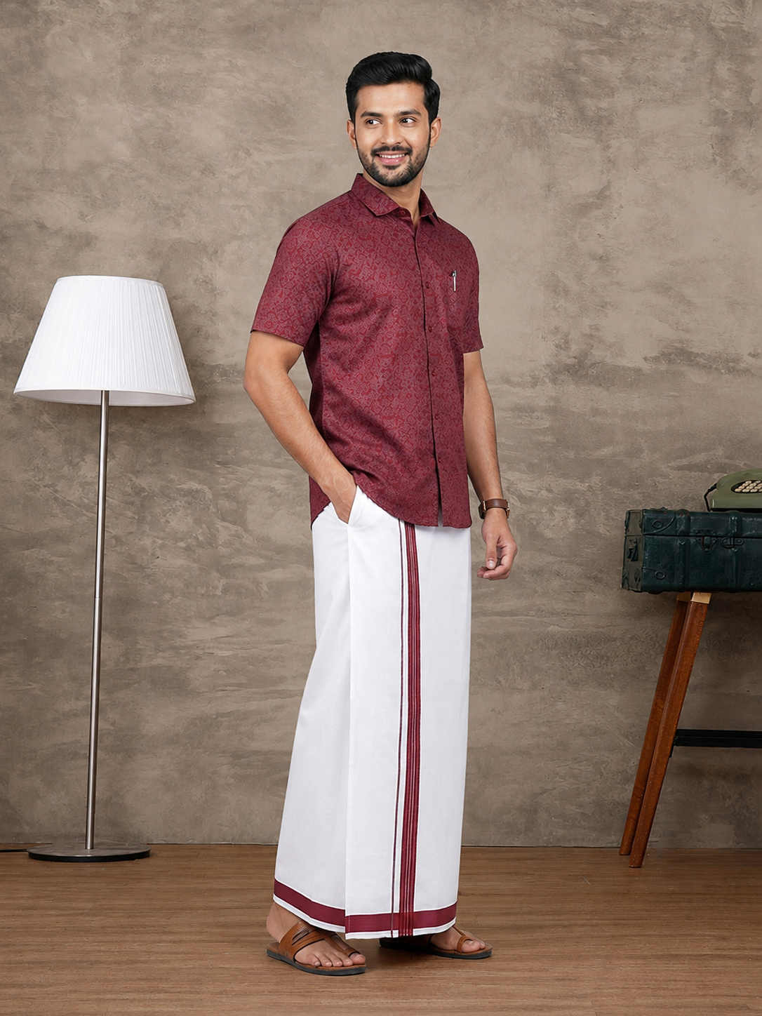 Cotton Rich Deep Red Printed Shirt with Matching Border Dhoti Set PS22