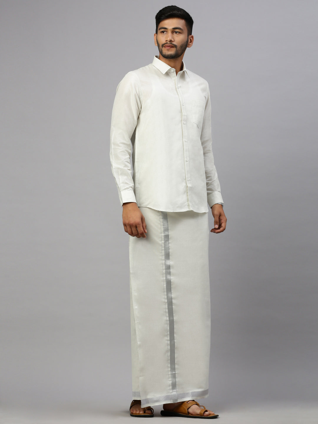 Men Tissue Silver Dhoti & Full Sleeves Shirt Set