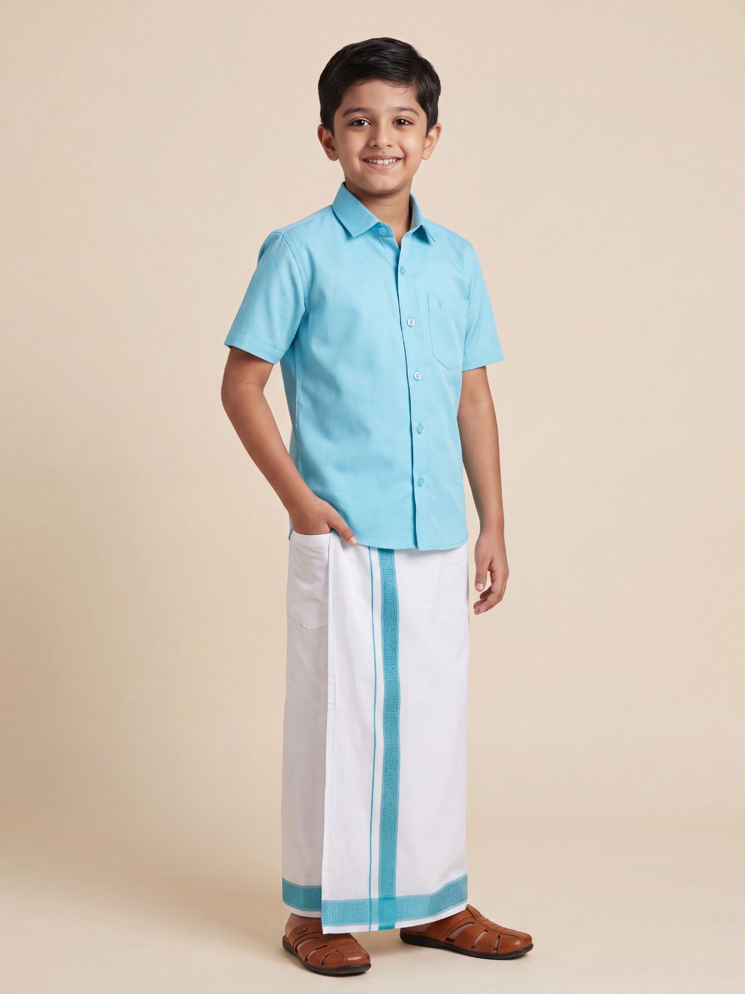 Boys 100% Cotton Sky Blue Shirt and Fancy Border Dhoti Set BT5