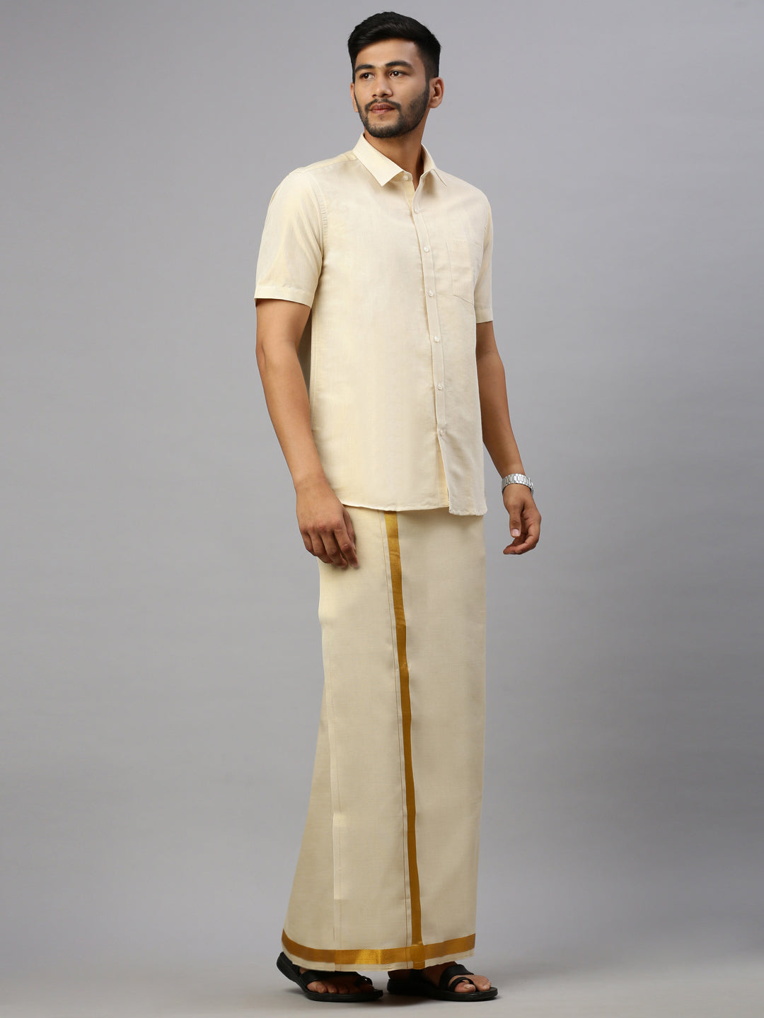 Men Tissue Gold Dhoti & Half Sleeves Shirt Set