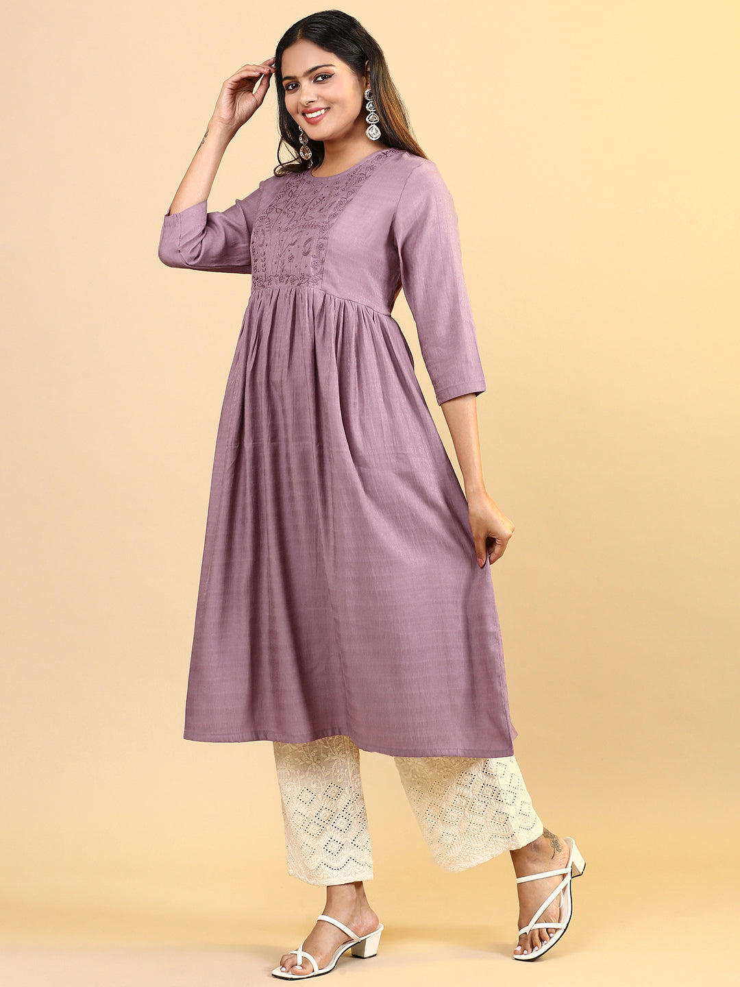 Women Cotton Embroidered Round Neck Kurti Purple EKS13