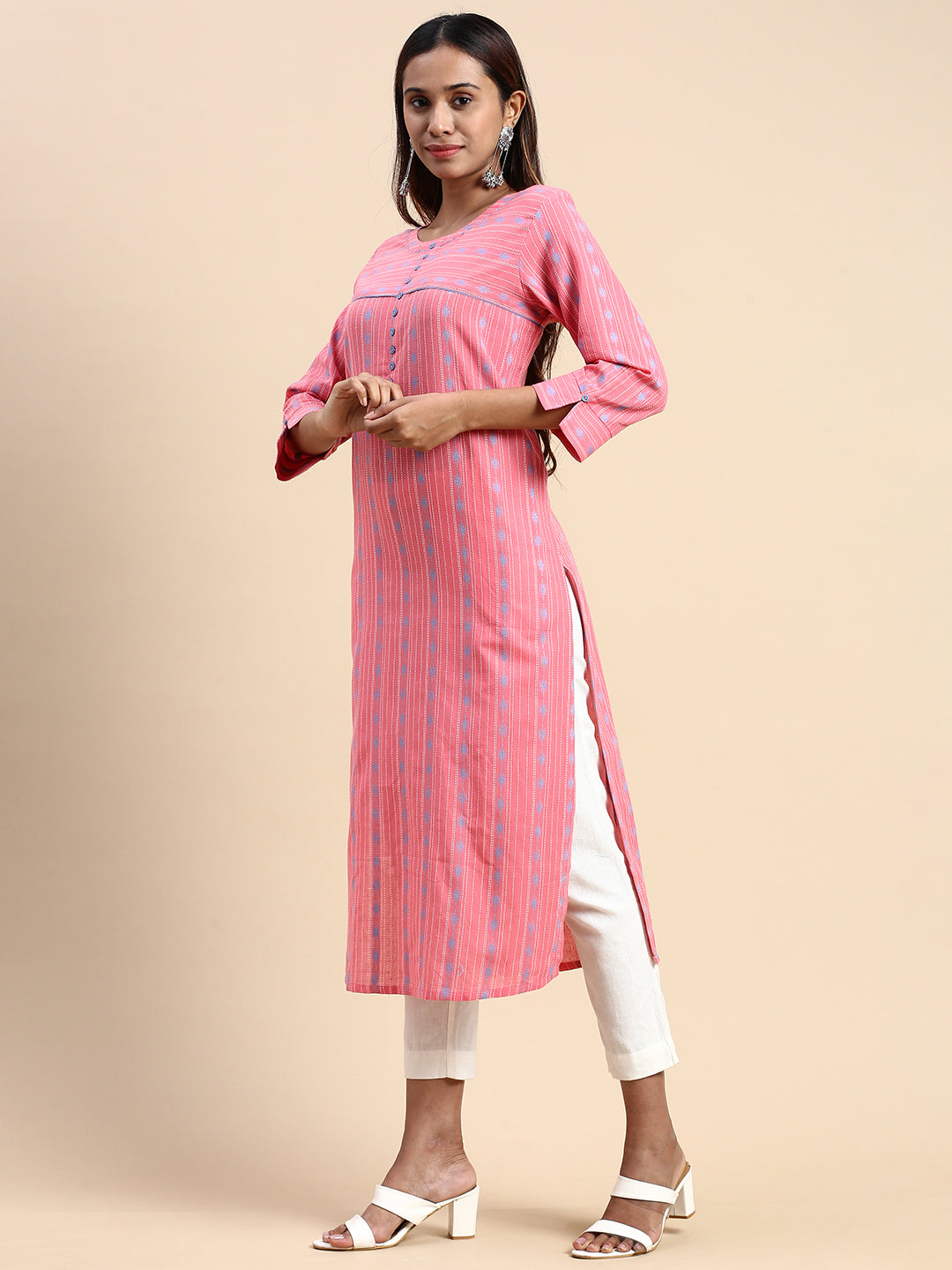 Women Cotton Embroidered Round Neck Straight Cut Pink Kurti EK40-Side view
