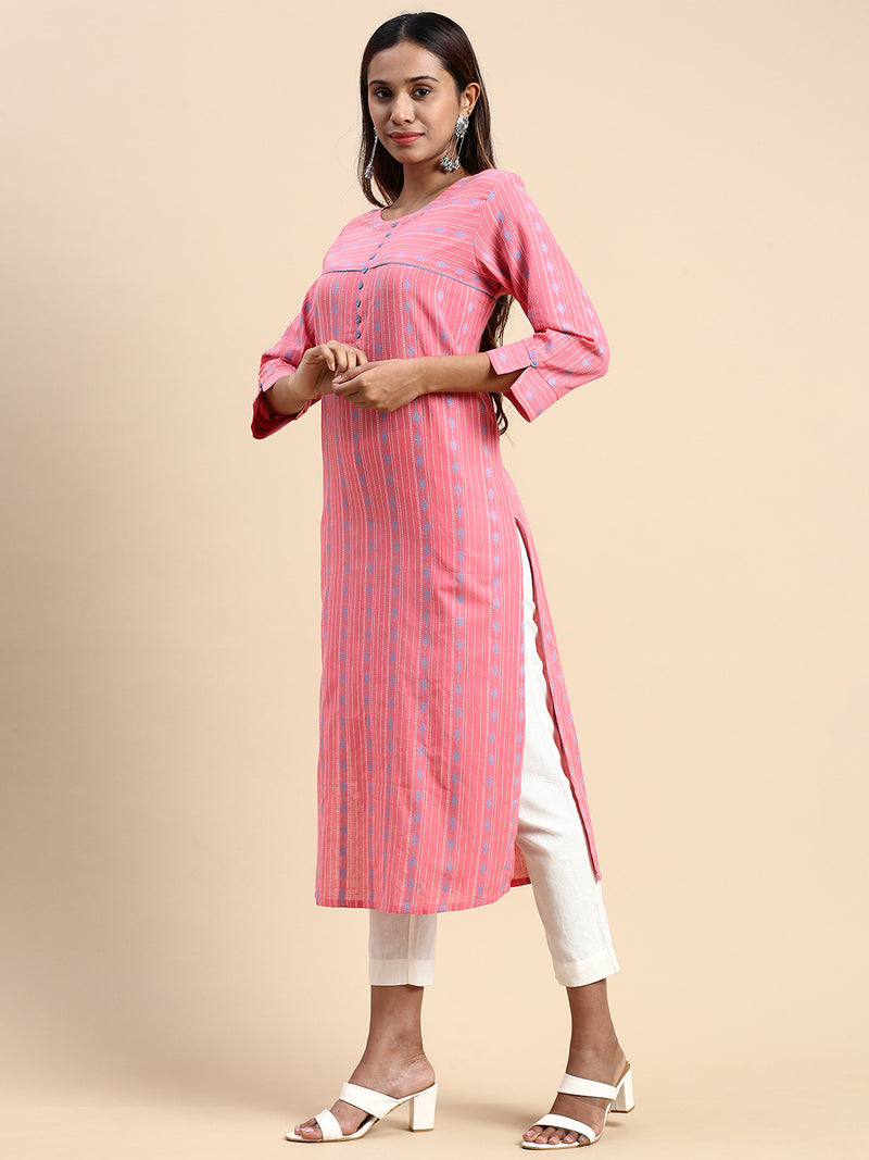 Women Cotton Embroidered Round Neck Straight Cut Pink Kurti EK40