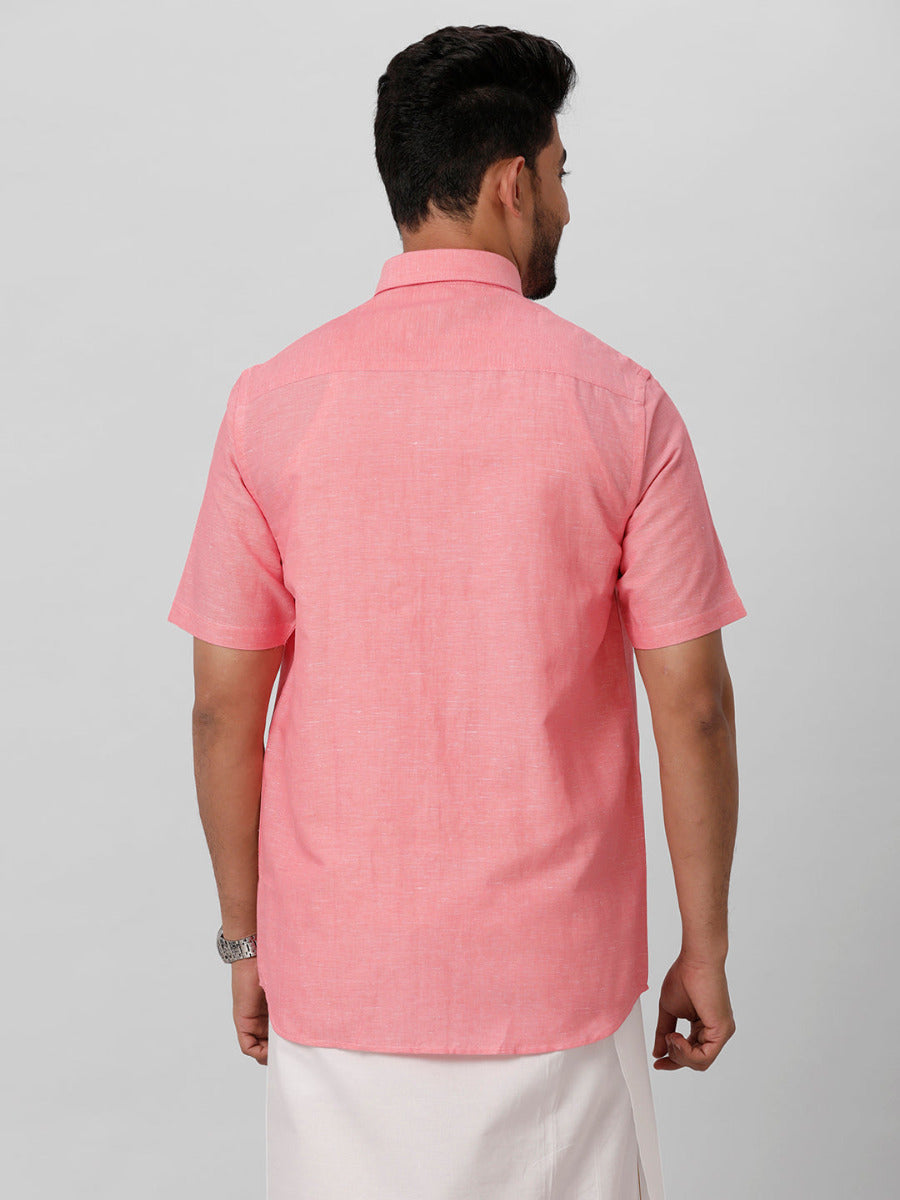 Mens Linen Cotton Formal Light Pink Half Sleeves Shirt LF2-Back view