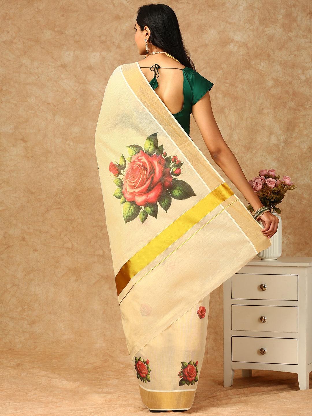 Women Kerala Tissue Gold Printed Saree KS164