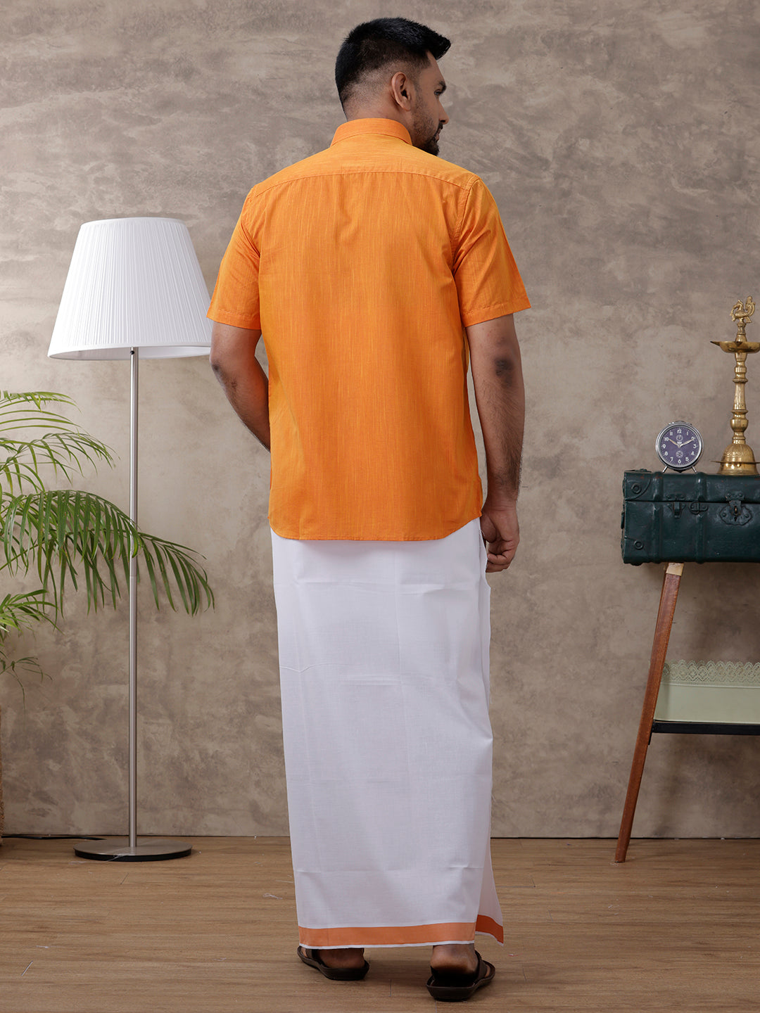 Mens Orange Matching Border Dhoti & Half Sleeves Shirt Set Evolution IC1