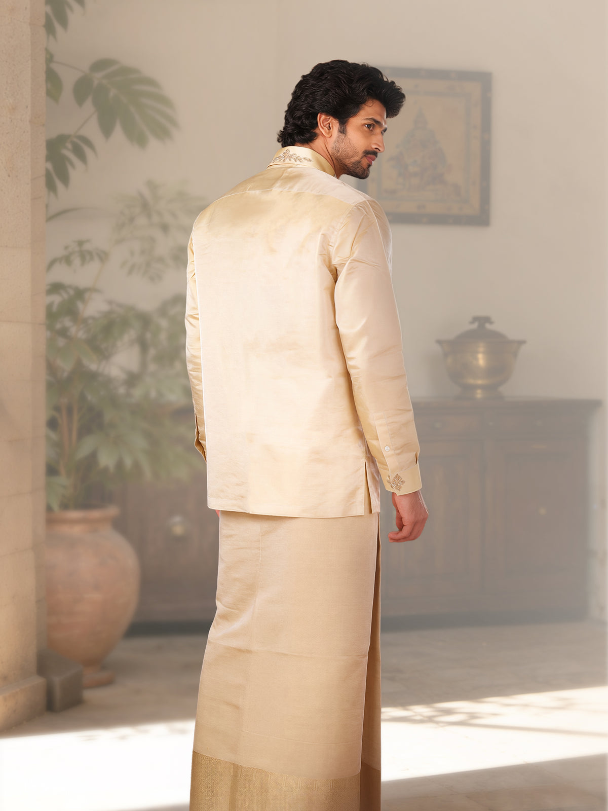 LAGNAA Premium Pure Tussar Silk Hand Embroidered Designer Shirt & Dhoti Set with Royal Butta Detailing Signature Chest Emblem Jari | Rajarudhran