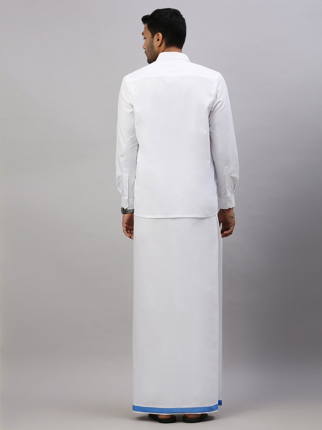 Mens White Shirt with Blue Border Single Layer Dhoti Combo WP05