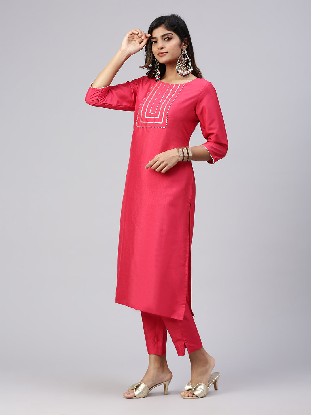 Women Cotton Embroidered Kurti Sets Pink EKS28